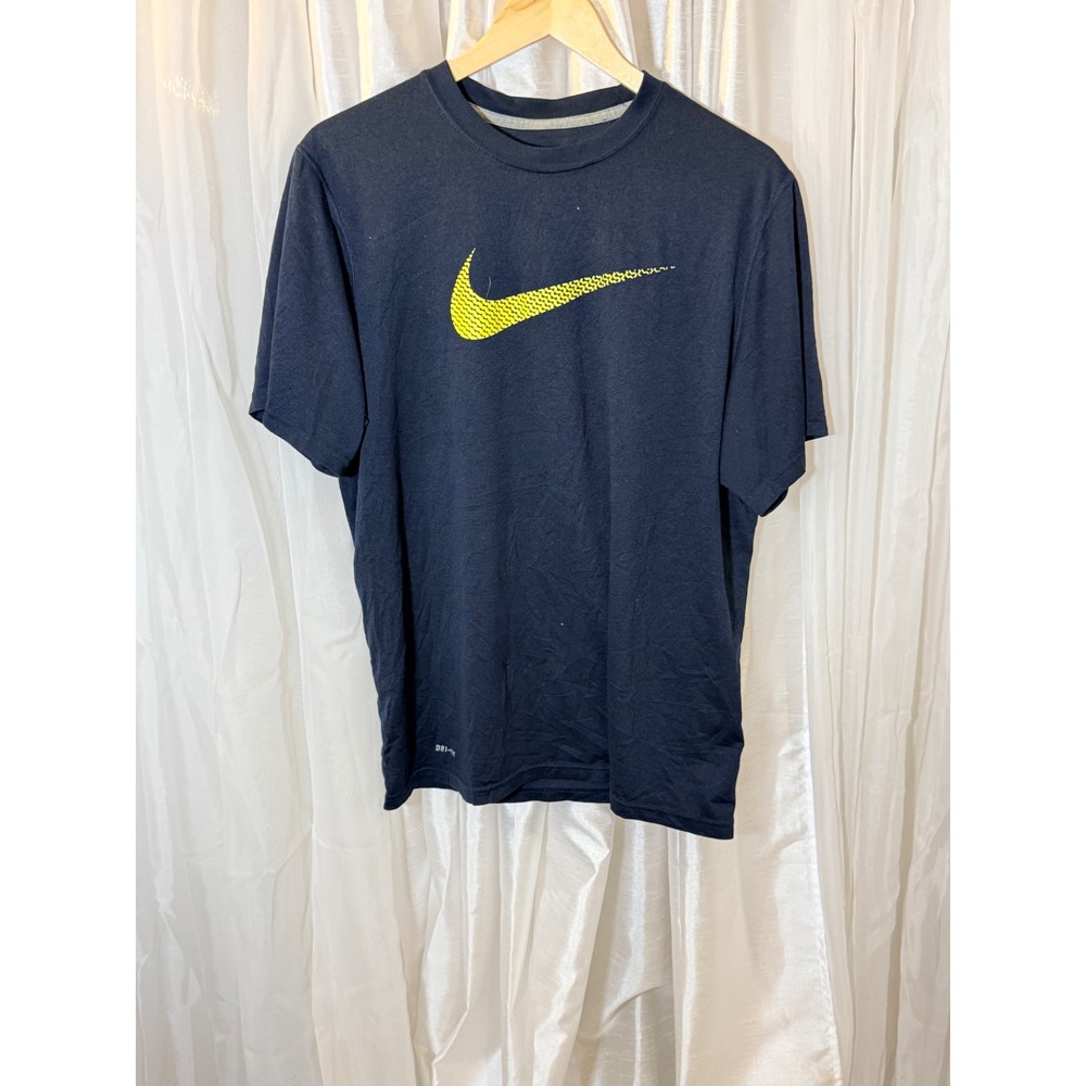 Nike Dri-FIT T-Shirt Mens Large Navy Blue Neon Yellow Swoosh Graphic 543438-452